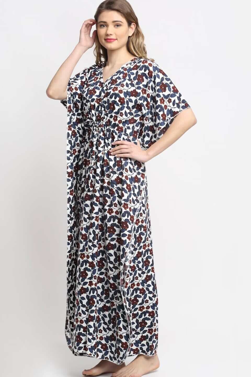 White and Blue Floral Printed Viscose Rayon Kaftan
