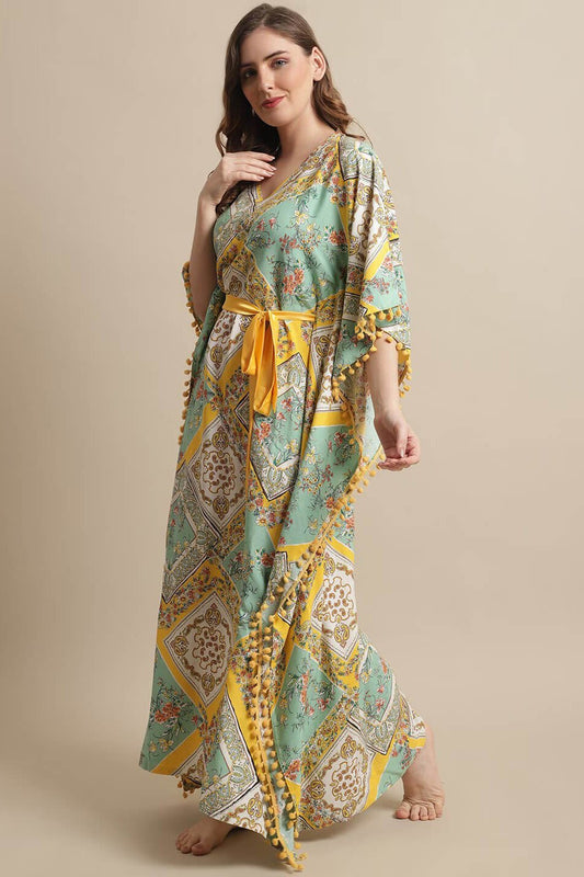 Yellow Color Floral Printed Rayon Night Dress Kaftan