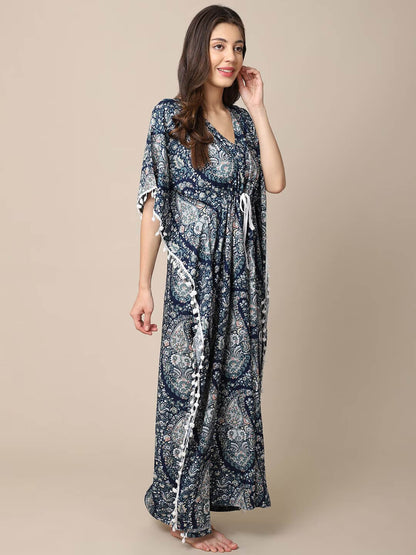 Blue Motif Printed Viscose Rayon Kaftan For Women