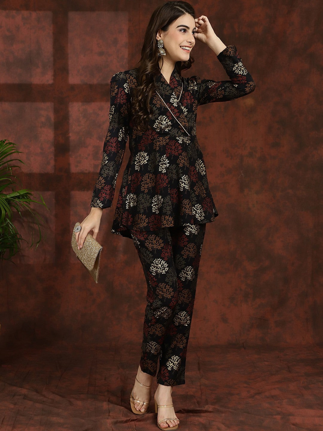 Black Ethnic Motifs Printed V-Neck Tunic with Flared Trouser Co-Ord Set for Women