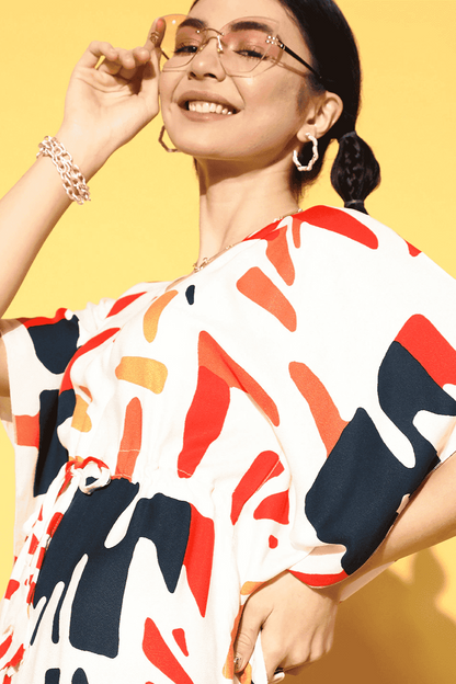 White Color Abstract Printed Rayon Kaftan