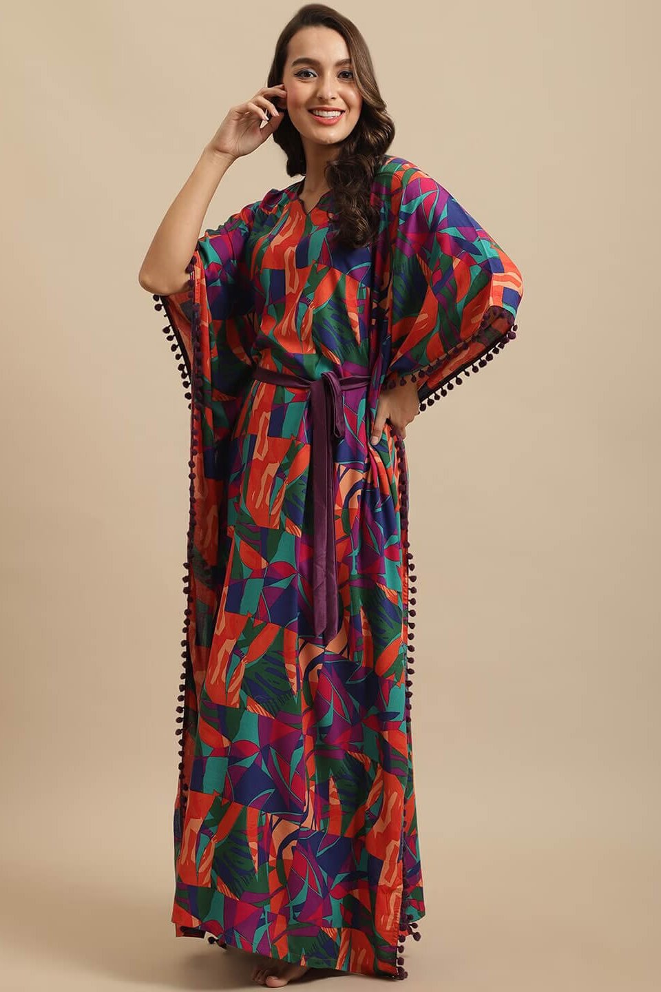 Multicolor Floral Printed Viscose Rayon Kaftan For Woman