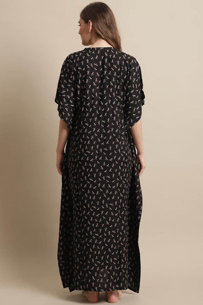 Black Color Floral Printed Viscose Rayon Kaftan