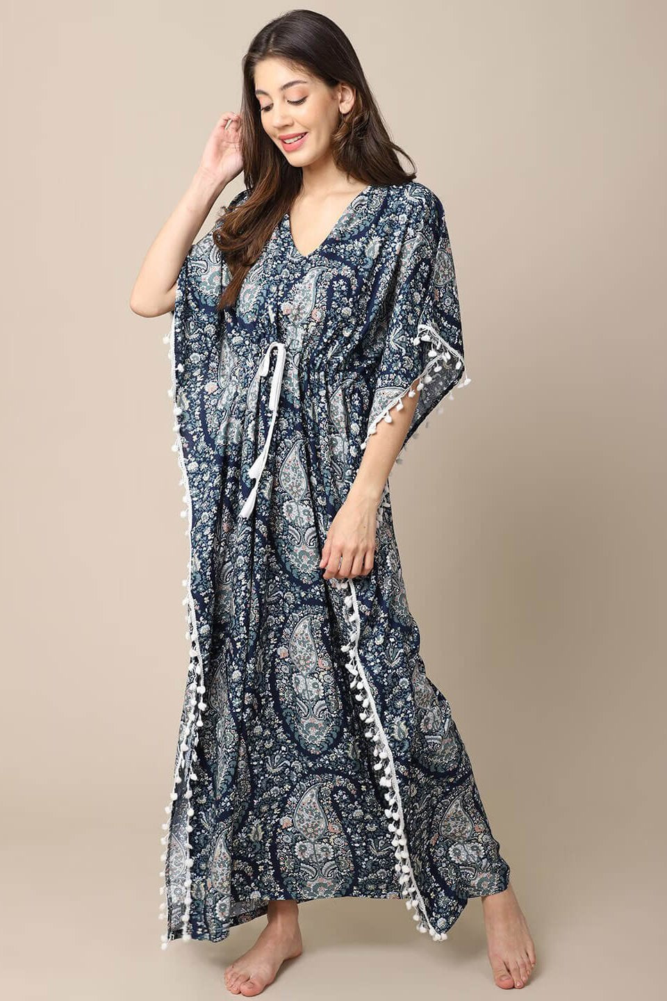 Blue Motif Printed Viscose Rayon Kaftan For Women