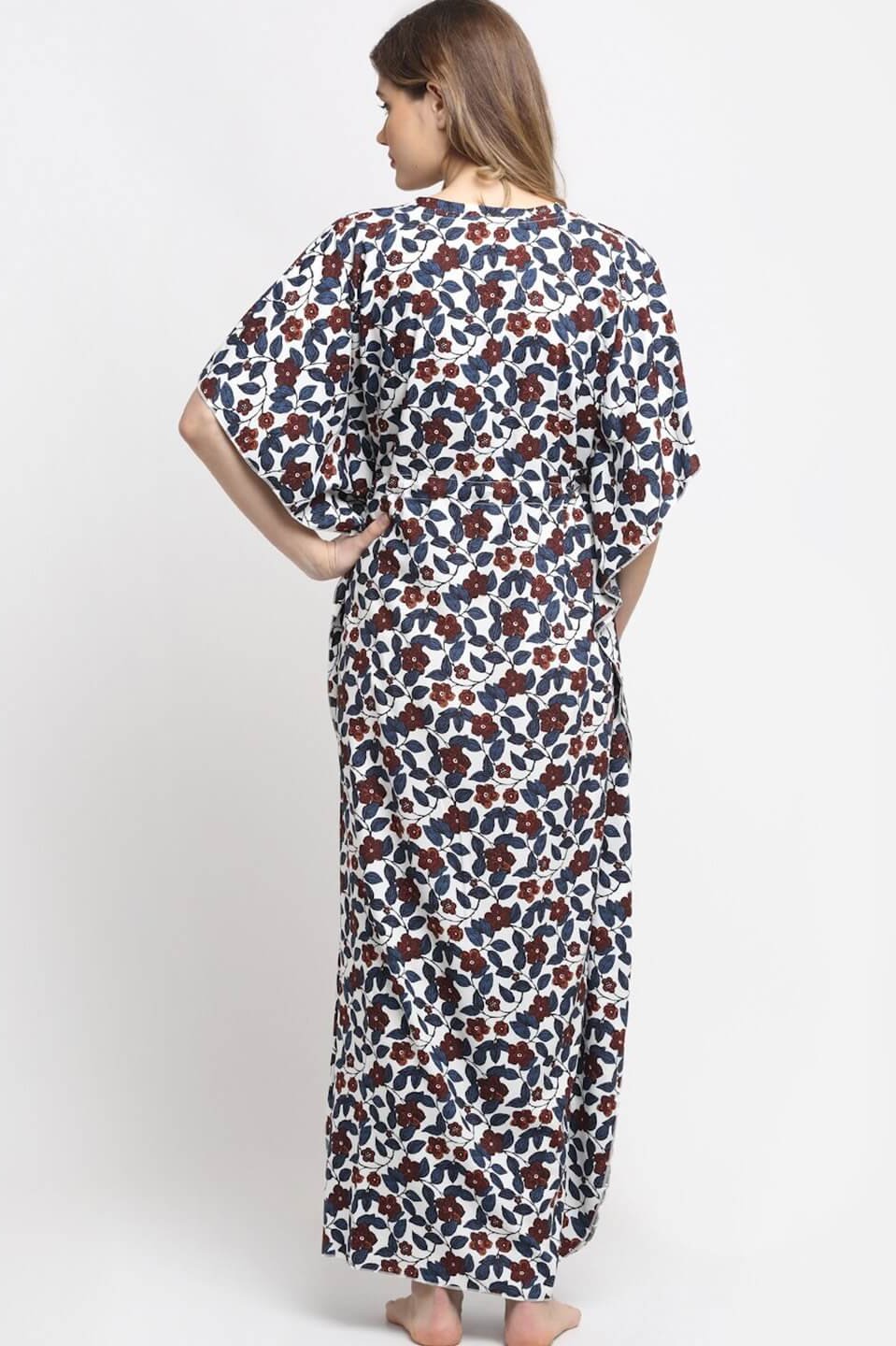 White and Blue Floral Printed Viscose Rayon Kaftan