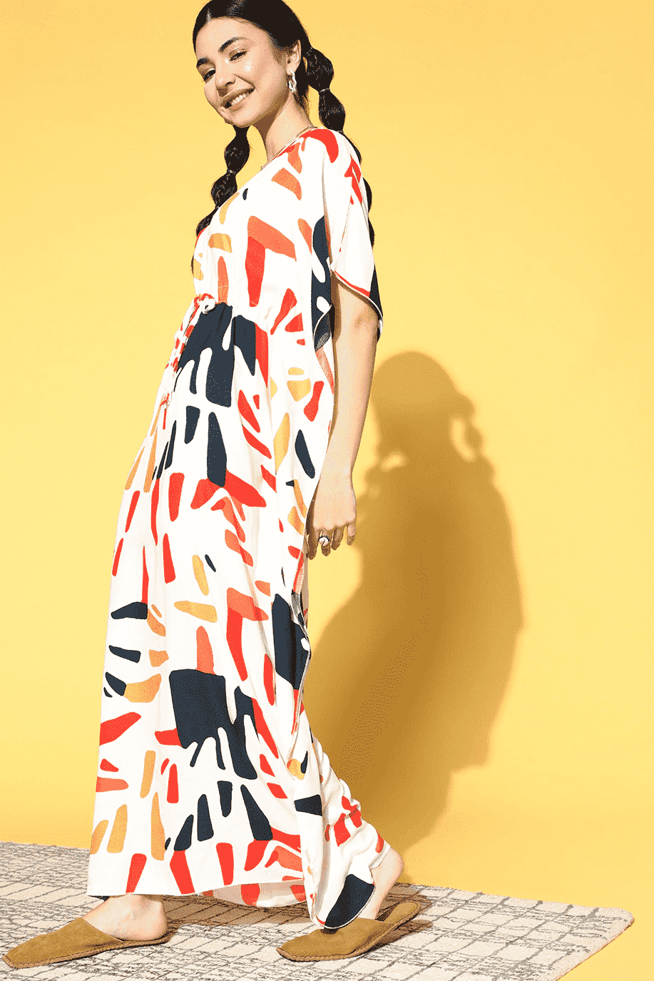 White Color Abstract Printed Rayon Kaftan