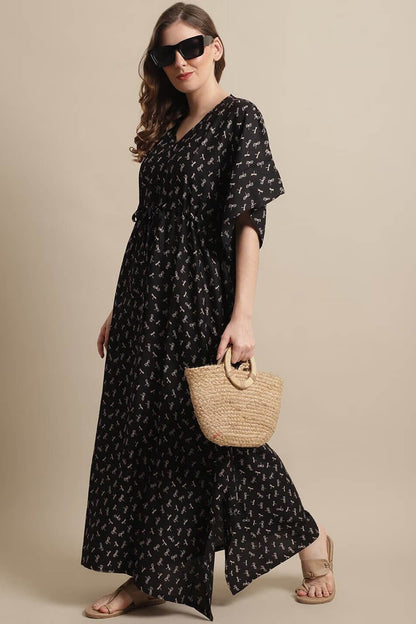 Black Color Floral Printed Viscose Rayon Kaftan