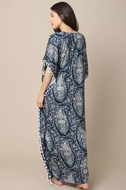 Blue Motif Printed Viscose Rayon Kaftan For Women