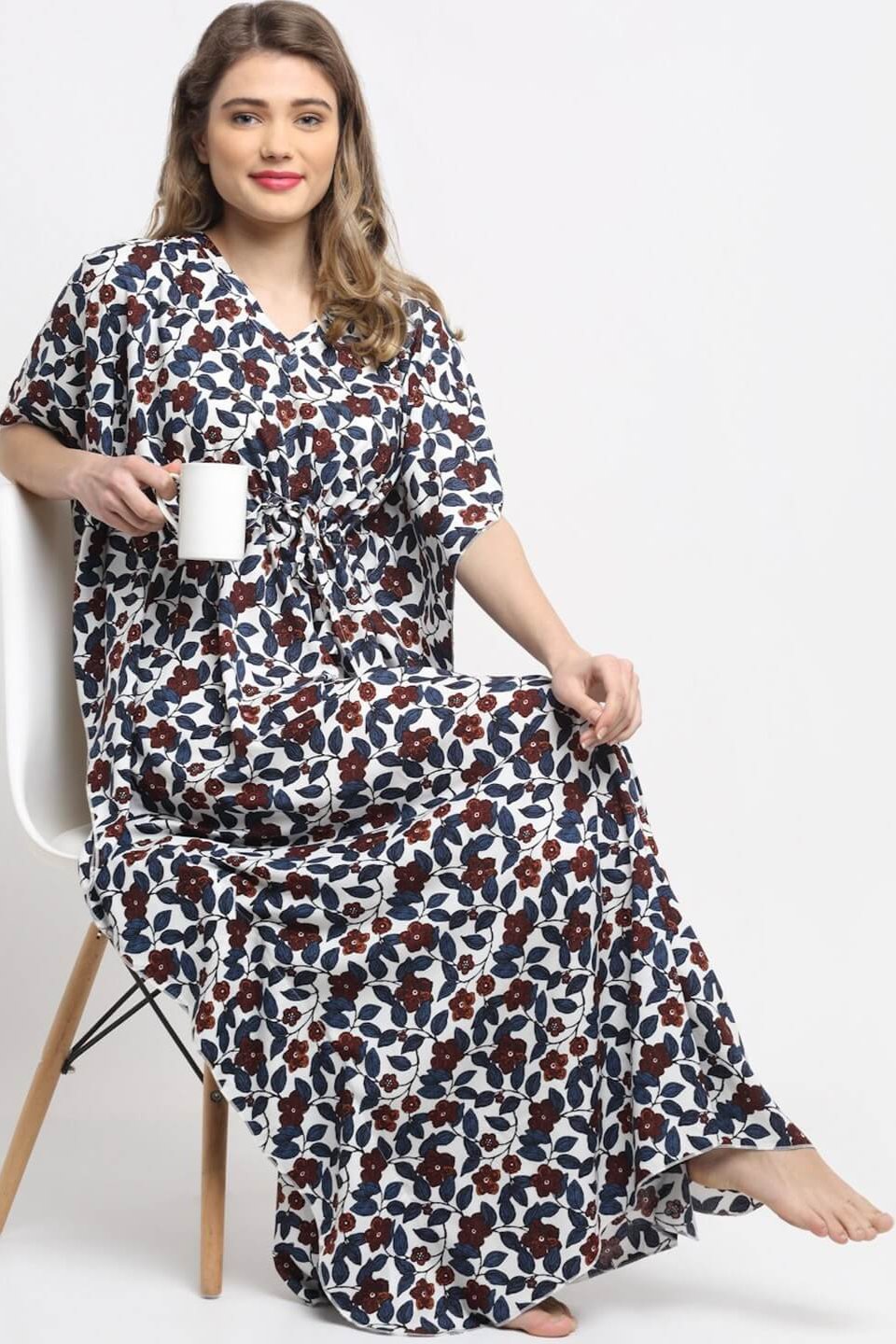 White and Blue Floral Printed Viscose Rayon Kaftan