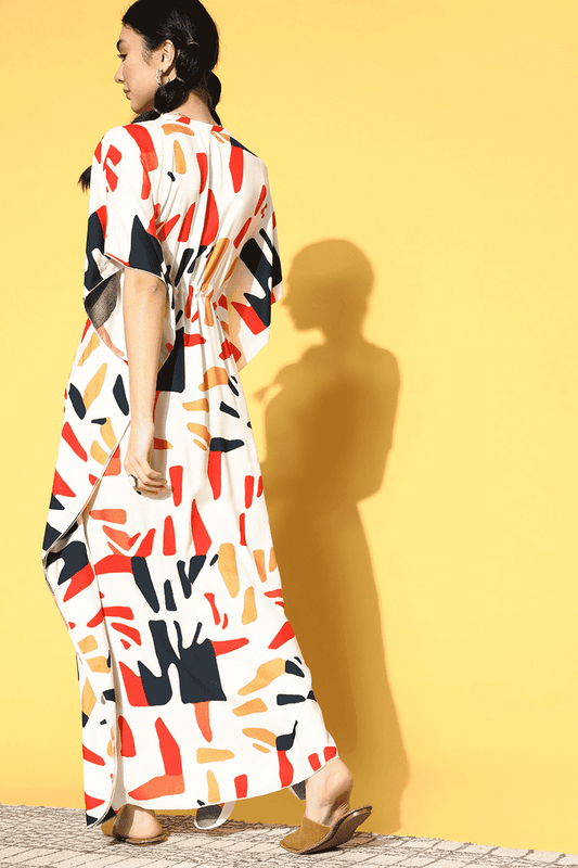 White Color Abstract Printed Rayon Kaftan