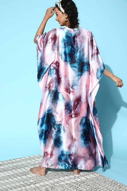 Pink Color Tie and Dye Printed Satin  Nightdress Kaftan For Women