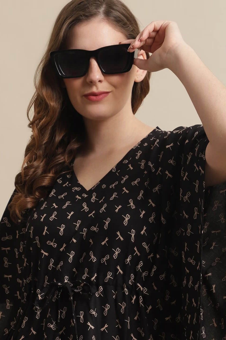 Black Color Floral Printed Viscose Rayon Kaftan