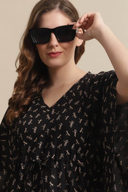 Black Color Floral Printed Viscose Rayon Kaftan