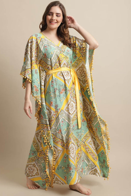 Yellow Color Floral Printed Rayon Night Dress Kaftan