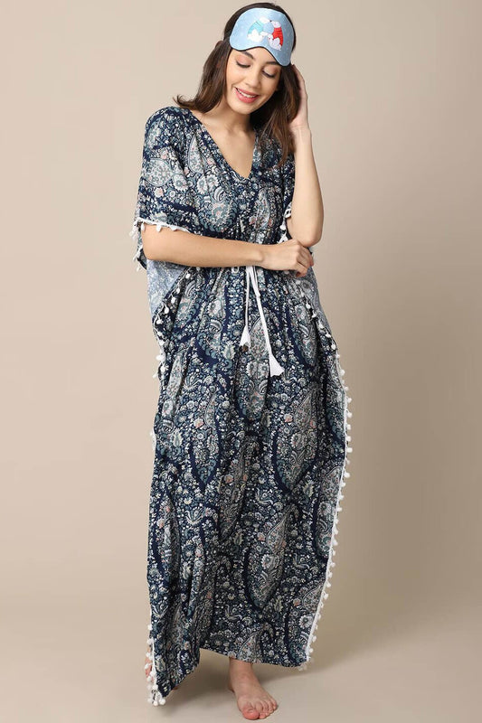 Blue Motif Printed Viscose Rayon Kaftan For Women
