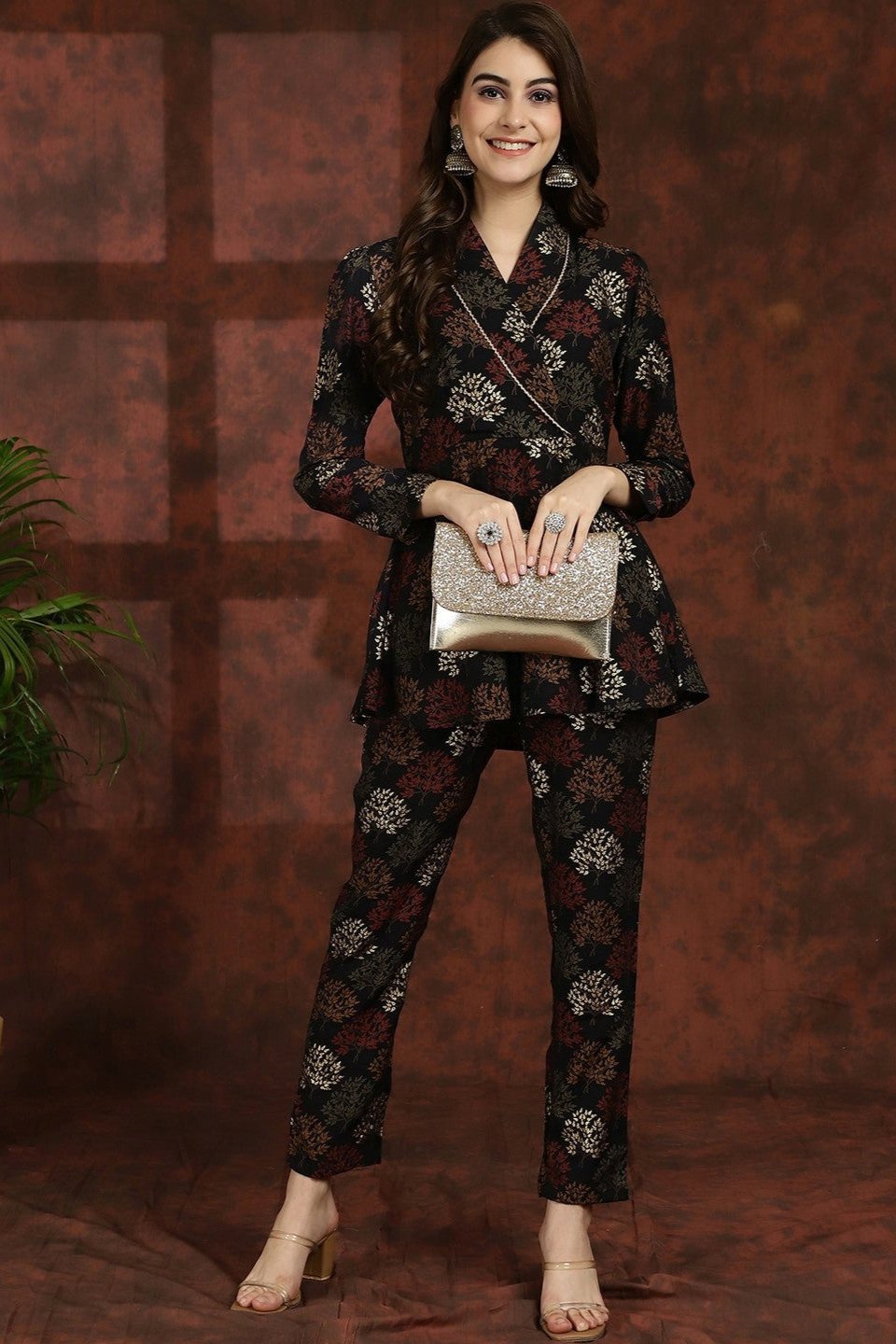 Black Ethnic Motifs Printed V-Neck Tunic with Flared Trouser Co-Ord Set for Women