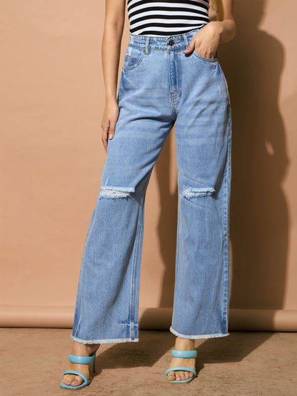 Women Light Blue Distressed Slashed Knee Frayed Jeans