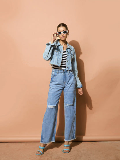 Women Light Blue Distressed Slashed Knee Frayed Jeans