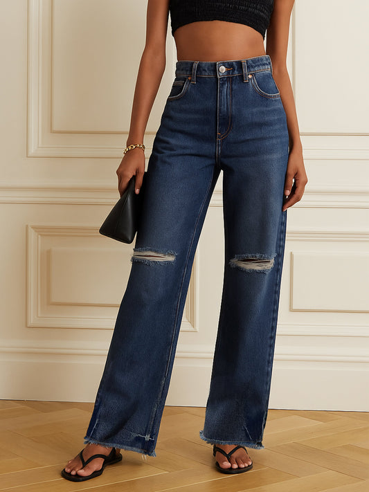 Women Navy Blue Distressed Slashed Knee Frayed Jeans