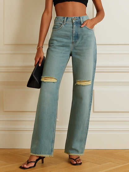 Women Turquoise Blue Wash Distressed Slashed Knee Frayed Jeans