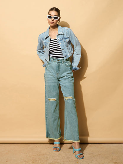 Women Turquoise Blue Wash Distressed Slashed Knee Frayed Jeans