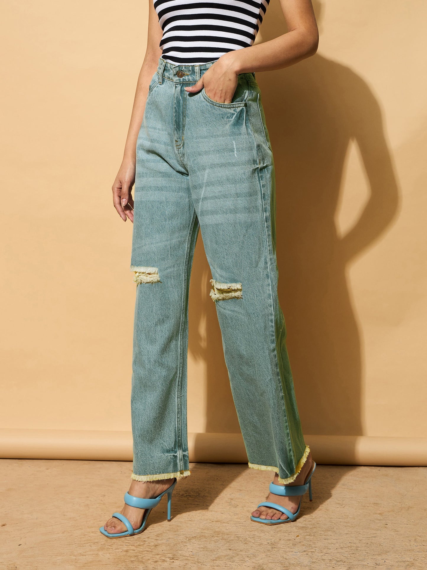 Women Turquoise Blue Wash Distressed Slashed Knee Frayed Jeans