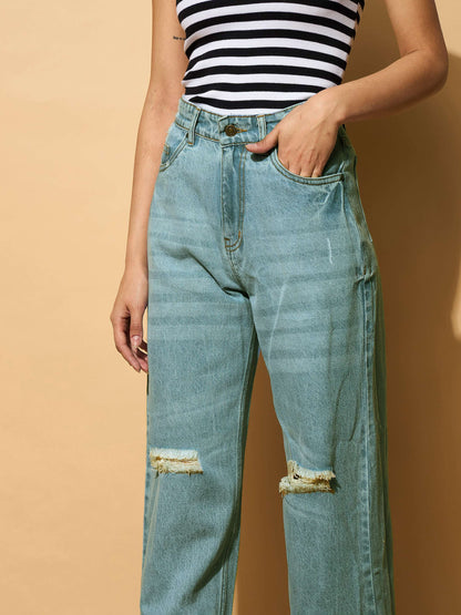 Women Turquoise Blue Wash Distressed Slashed Knee Frayed Jeans