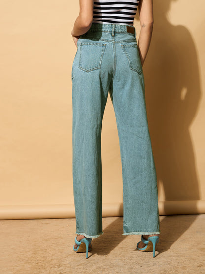 Women Turquoise Blue Wash Distressed Slashed Knee Frayed Jeans