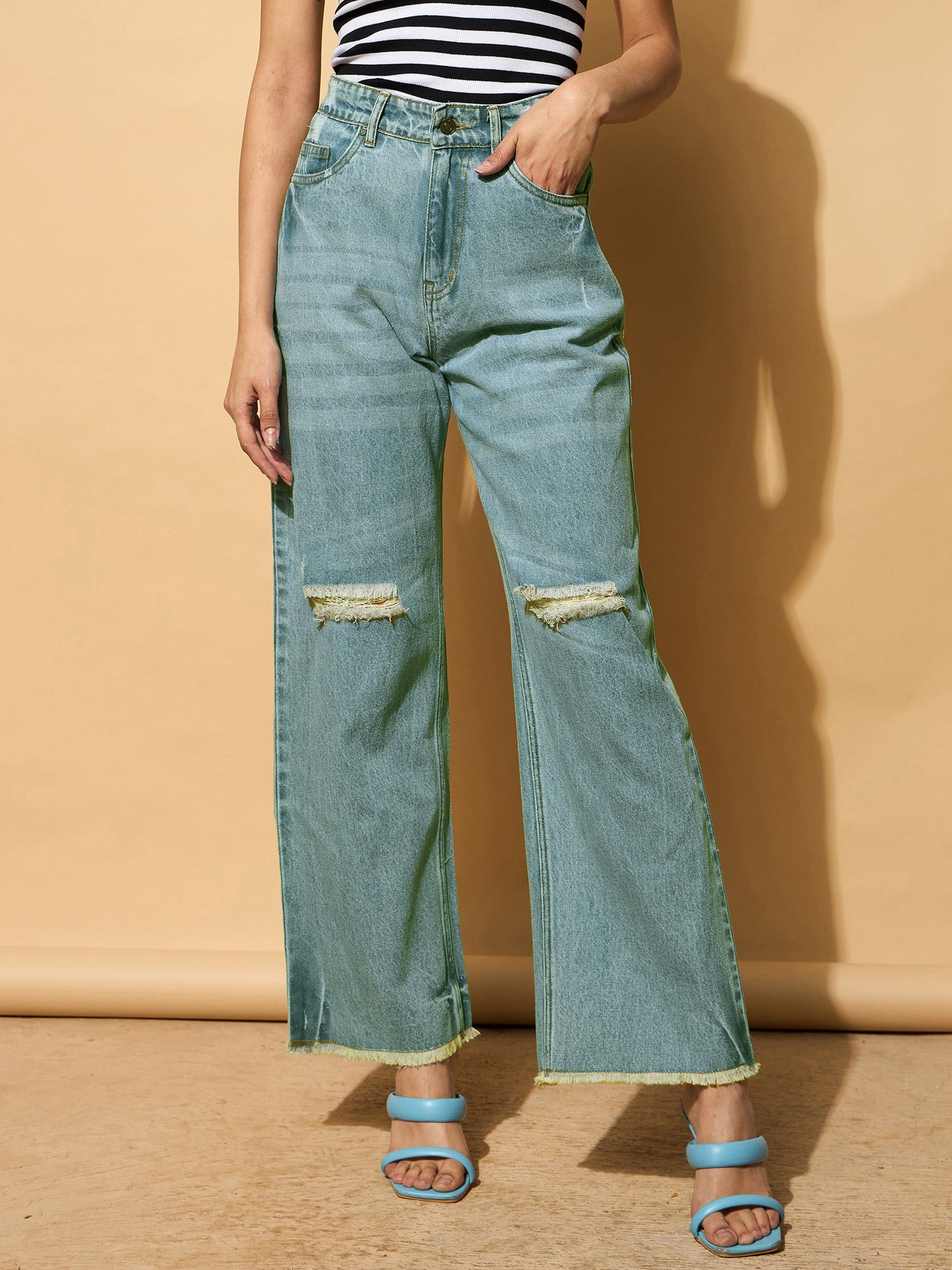 Women Turquoise Blue Wash Distressed Slashed Knee Frayed Jeans