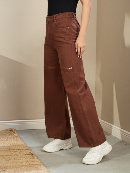 Women Brown Zipper Design Baggy Jeans