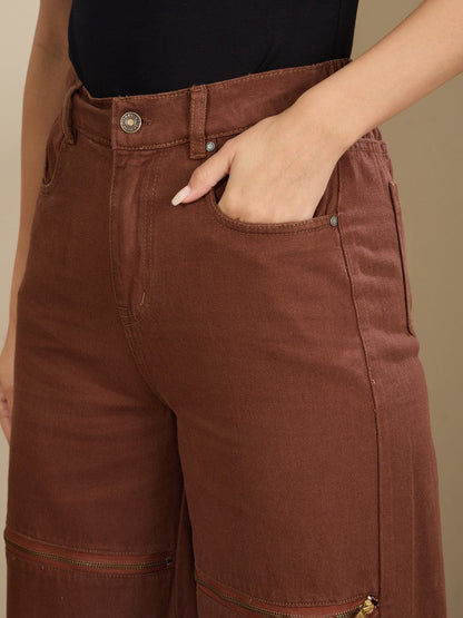Women Brown Zipper Design Baggy Jeans