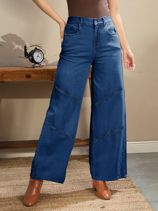 Women Navy High-Rise Stitch Detail Straight Jeans