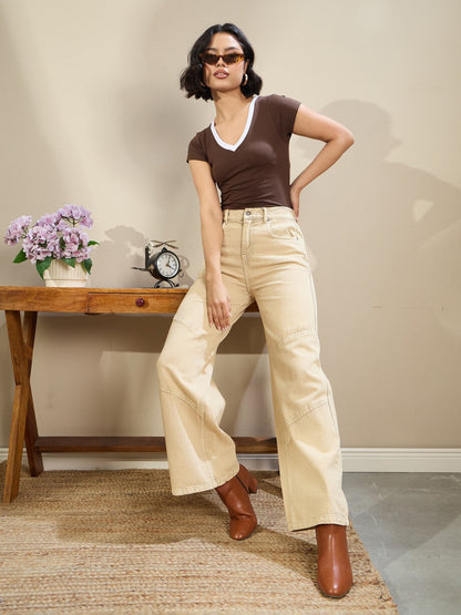 Women Beige High-Rise Stitch Detail Straight Jeans