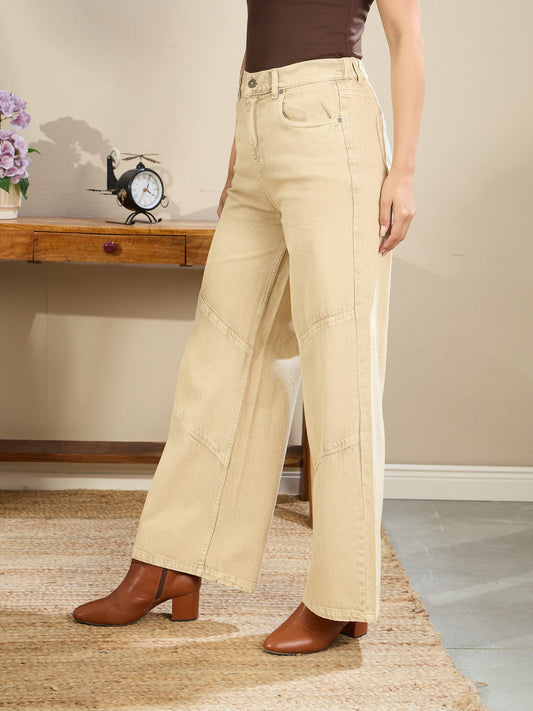 Women Beige High-Rise Stitch Detail Straight Jeans