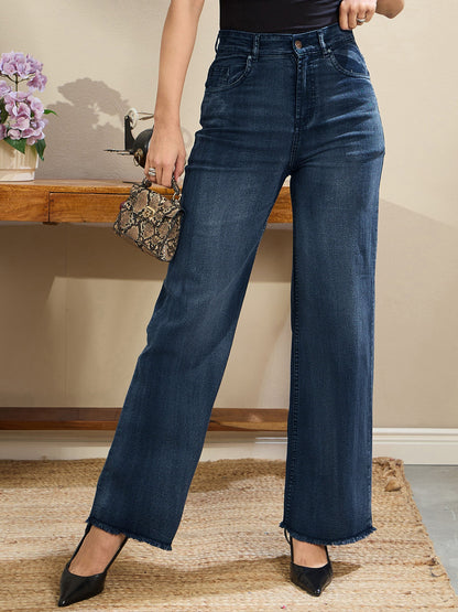 Women Navy Wash High Waist Straight Frayed Jeans