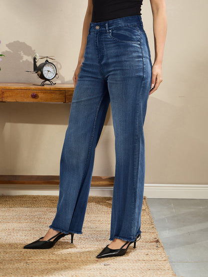 Women Navy Wash High Waist Straight Frayed Jeans