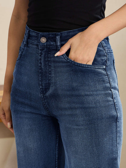 Women Navy Wash High Waist Straight Frayed Jeans