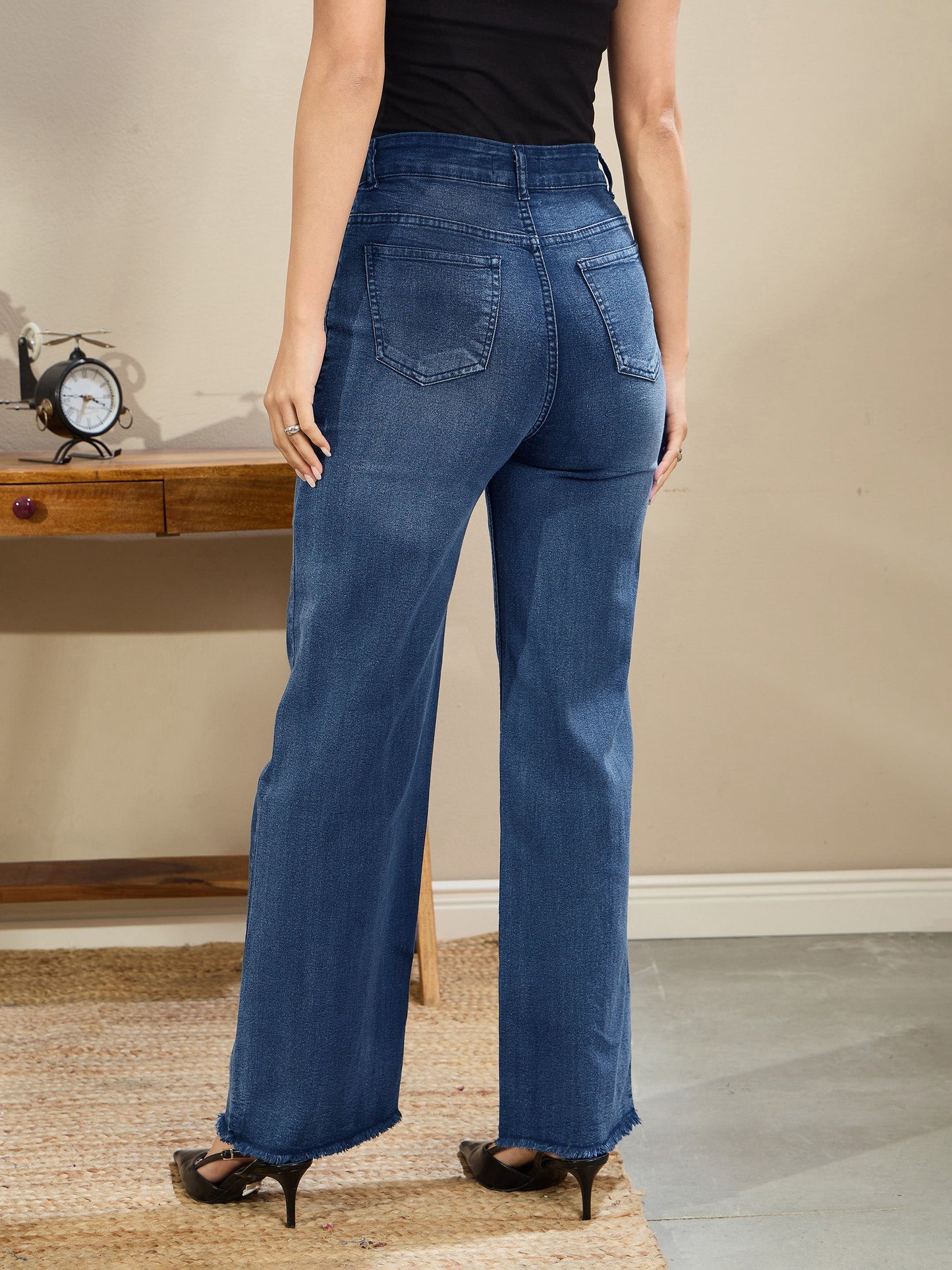 Women Navy Wash High Waist Straight Frayed Jeans