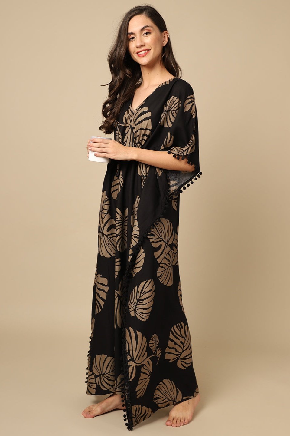 Black Color Floral Printed Viscose Rayon Kaftan