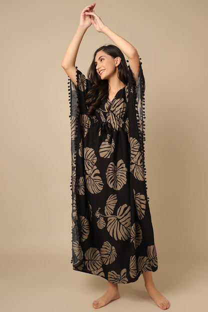 Black Color Floral Printed Viscose Rayon Kaftan
