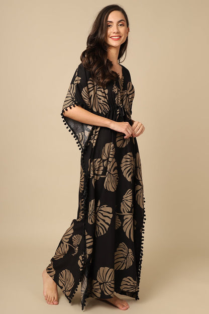 Black Color Floral Printed Viscose Rayon Kaftan