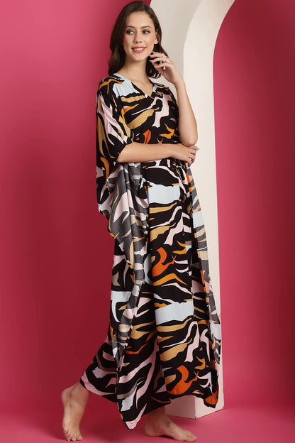 Black Abstract Printed Viscos Rayon Maxi Kaftan Nightdress
