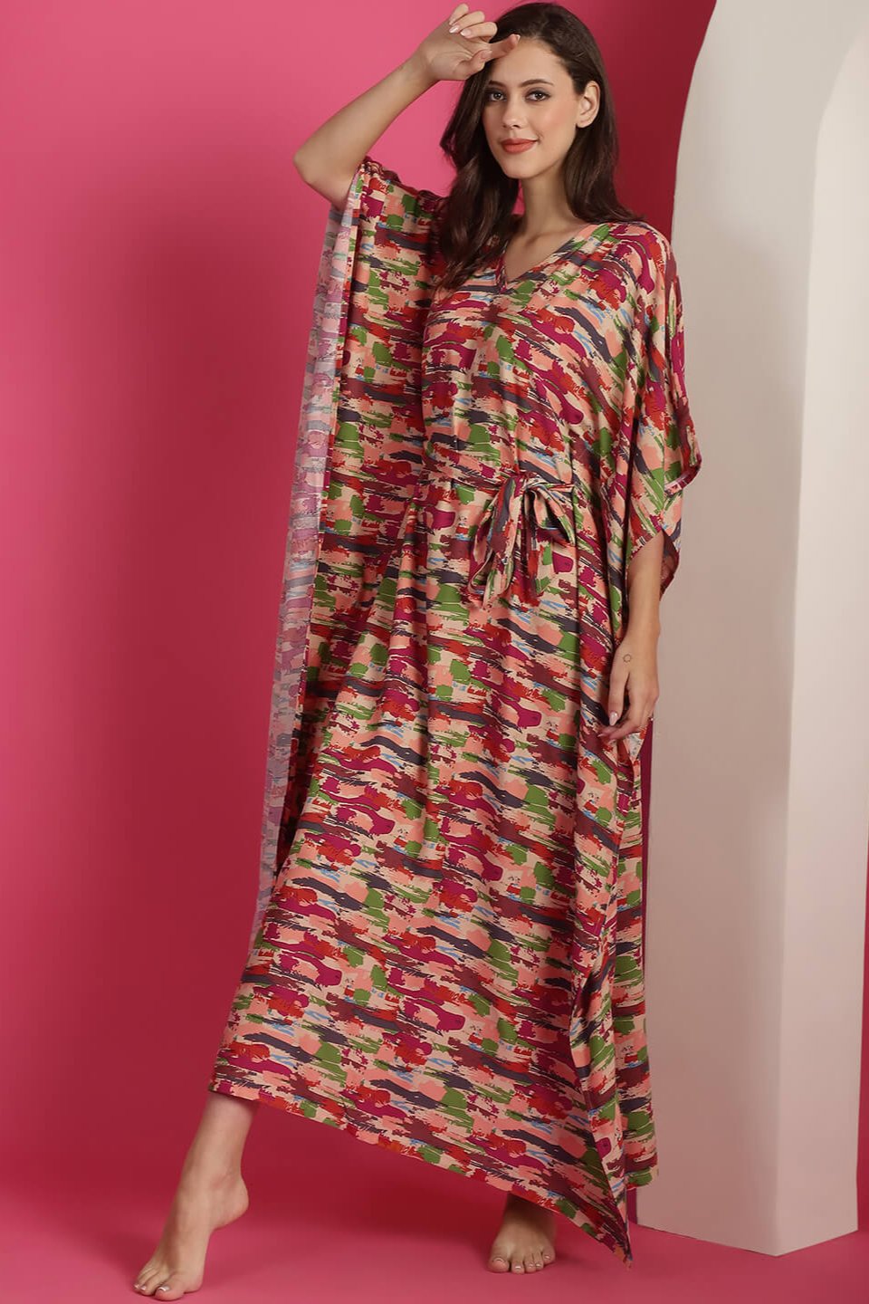 Red & Green Abstract Printed Maxi Kaftan Nightdress