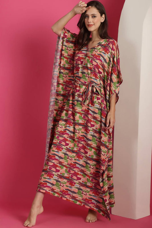 Red & Green Abstract Printed Maxi Kaftan Nightdress