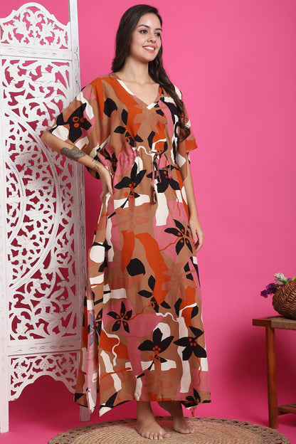 Brown Color Abstract Printed Viscose Rayon For Kaftan