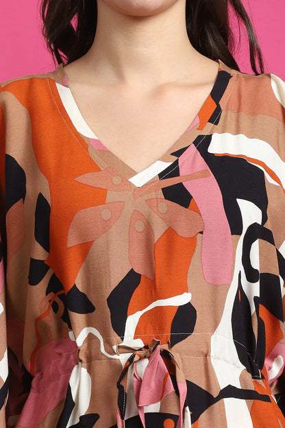 Brown Color Abstract Printed Viscose Rayon For Kaftan