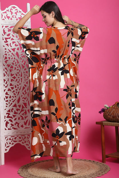 Brown Color Abstract Printed Viscose Rayon For Kaftan
