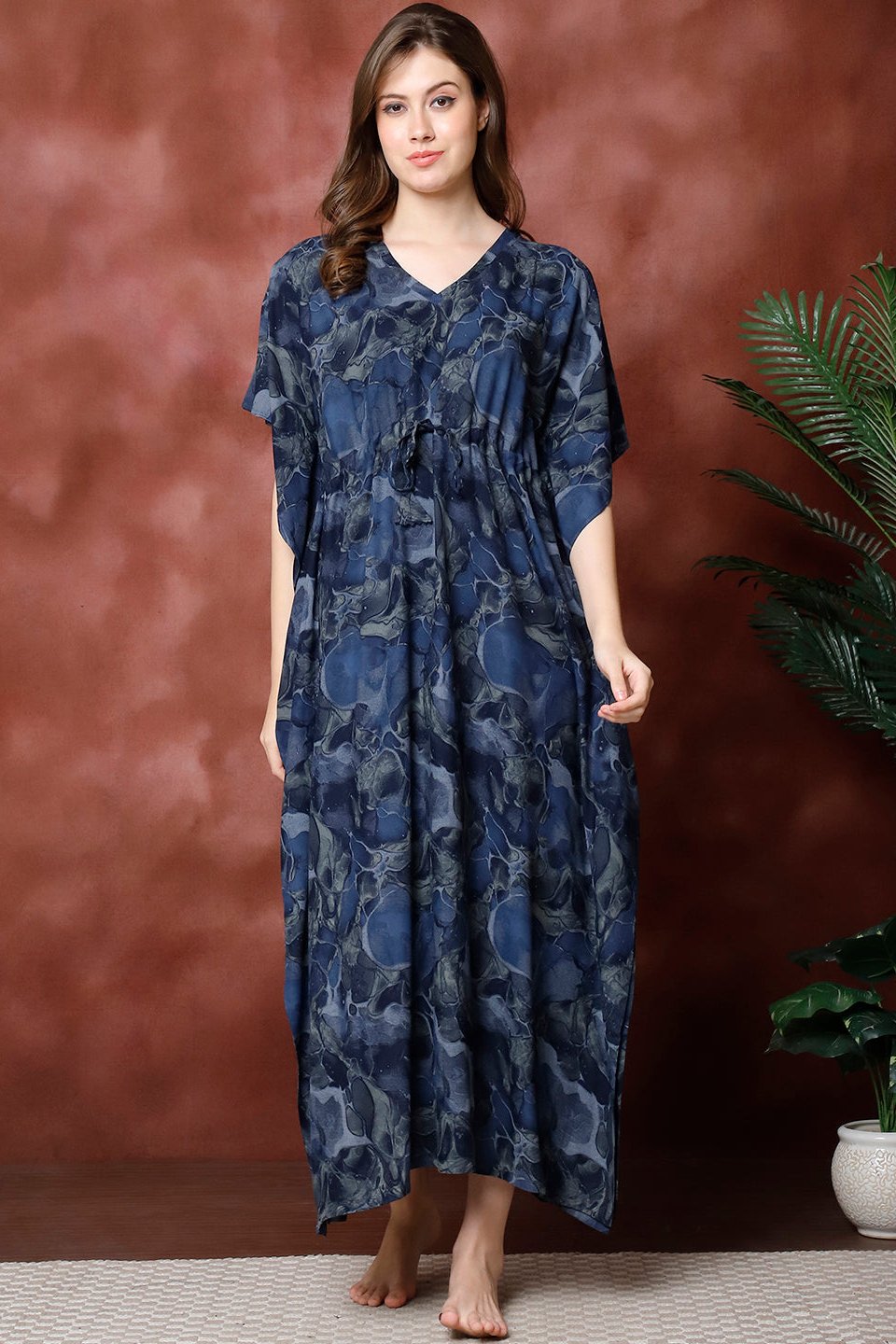 Navy Color  Printed Viscose Rayon Kaftan For Women