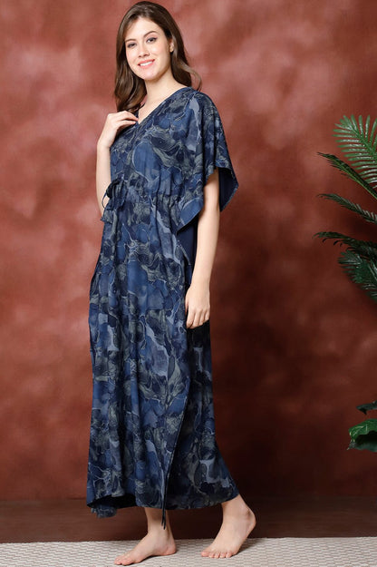 Navy Color  Printed Viscose Rayon Kaftan For Women