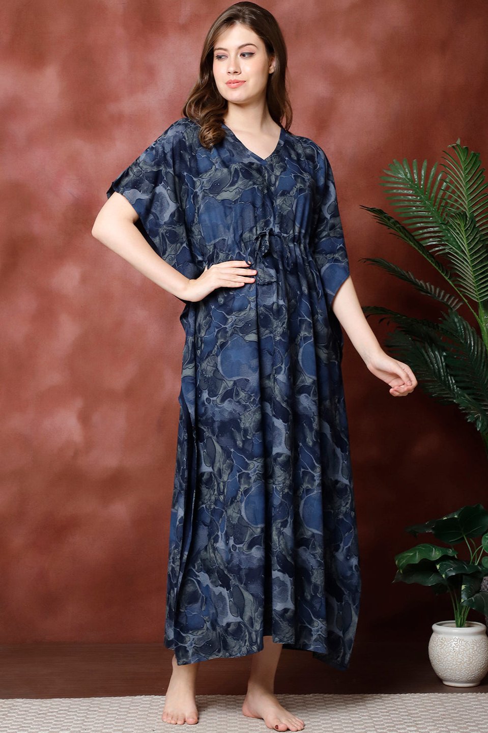 Navy Color  Printed Viscose Rayon Kaftan For Women